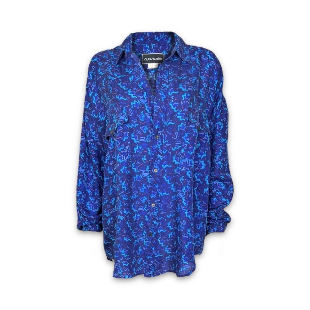 Vintage Blue Patterned Button-Up Blouse